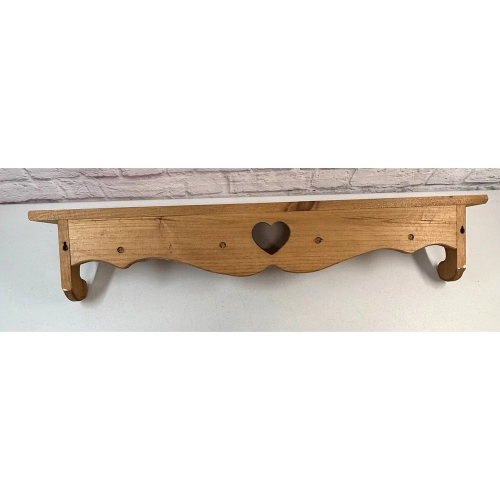 Vintage Cottage Farmhouse Heart Cutout 4 Peg Shelf 36″ Rustic Wooden Wall Rack